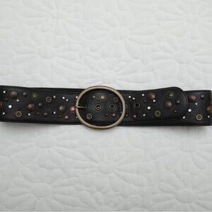 Fossil Black Leather Belt with Mixed Metal Studs and Round Buckle
